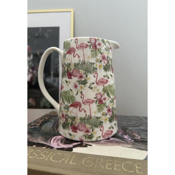 Other - Grace Fine Porcelain Flamingo Pitcher W/ A Tropical Palms & Hibiscus Desig